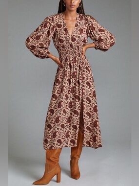 Anthropologie LUSANA Paisley Smocked Waist Boho Maxi Dress M